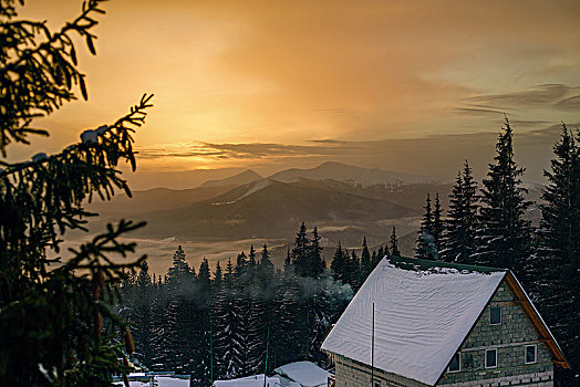 俯视图,雪山,日落,乌克兰,东欧
