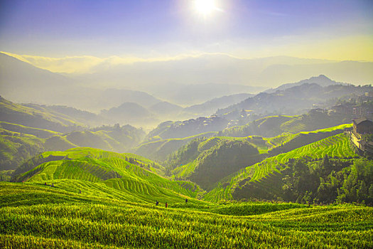 中国广西桂林龙脊梯田日照美景