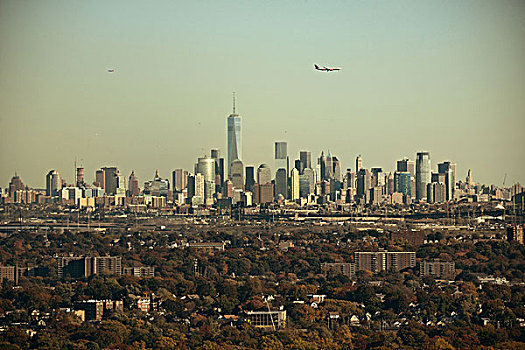 纽约,天际线,飞机,公园,秋叶