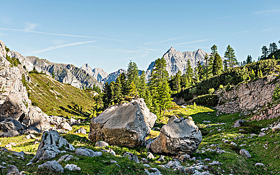 风景,瓦茨曼山,徒步旅行,靠近,房子,贝希特斯加登阿尔卑斯山,国家公园,上巴伐利亚,巴伐利亚,德国,欧洲