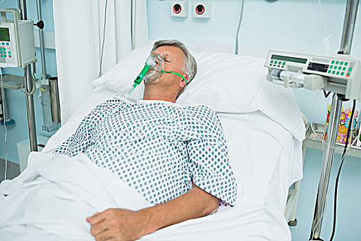 无意识,病人,床,氧气面罩,医院