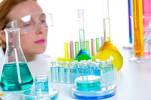 化学品,实验室,科学家,女人,工作,试管,长颈瓶