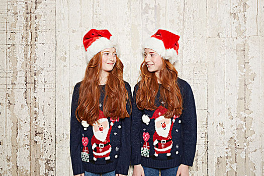 头像,双胞胎,姐妹,穿,圣诞节,帽子