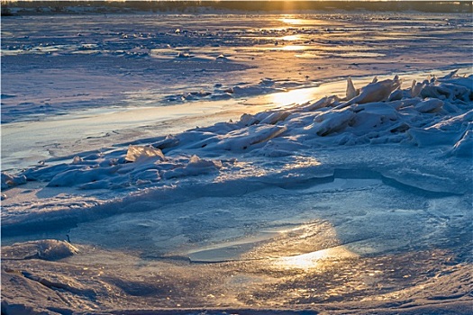 冬天,太阳,反射,冰封河流