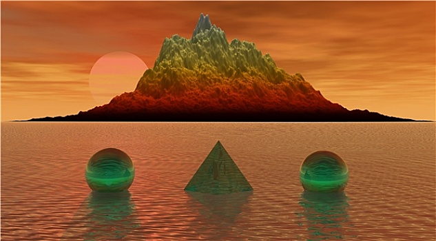 山,边缘,水,金字塔,球