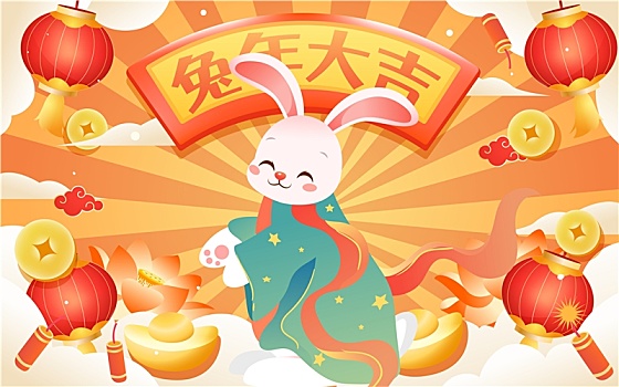 2023兔年春节祝福拜年活动习俗国潮插画
