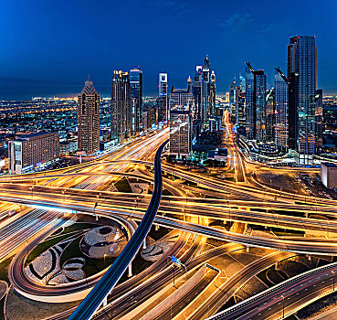 城市,迪拜,阿联酋,黄昏,摩天大楼,光亮,公路,前景