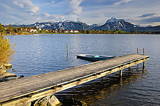 木码头,划桨船,看,湖,巴伐利亚,德国