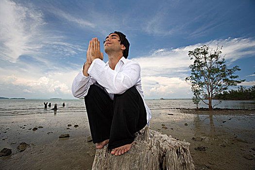 男人,祈祷,海滩,苏梅岛,泰国,亚洲
