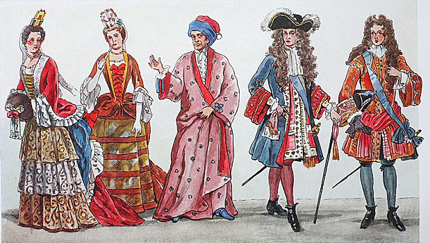 时尚,衣服,法国,时间,路易十四,左边,女性,服饰,插画,欧洲