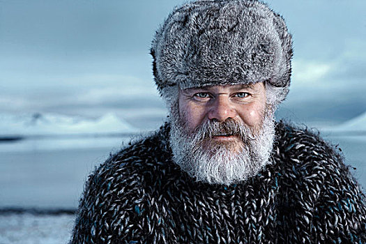 男人,灰色,胡须,戴着,裘皮帽,户外,冬天,冰岛