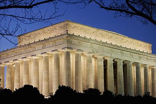 仰视,纪念,建筑,光亮,黄昏,林肯纪念馆,华盛顿特区,美国