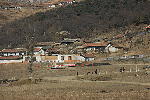 朝鲜田野,耕地,村舍,房子