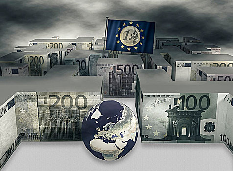 迷宫,欧元钞票,地球,旗帜,欧盟