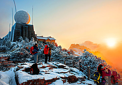 黄山,雪景,光明顶,日出,阳光,雾