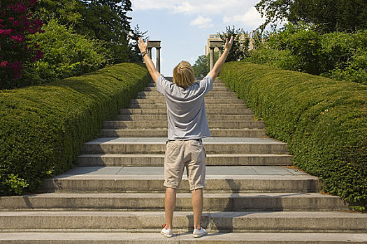 男人,仰视,楼梯,布鲁克林,植物园,纽约,美国