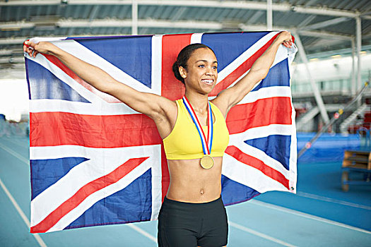 美女,运动员,拿着,英国国旗,金牌