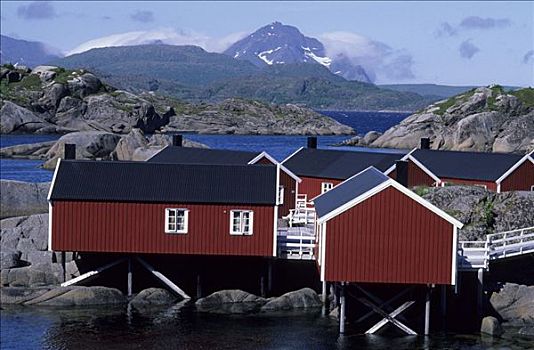 红色,小屋,乡村,岛屿,罗弗敦群岛,诺尔兰郡,挪威,斯堪的纳维亚,欧洲