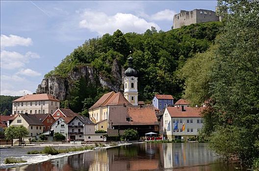 要塞,遗址,远眺,乡村,教堂,河,普法尔茨,巴伐利亚,德国,欧洲
