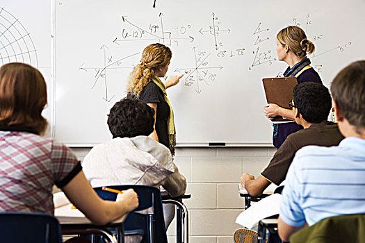 教师,帮助,学生,数学,公式,书写,白色书写板