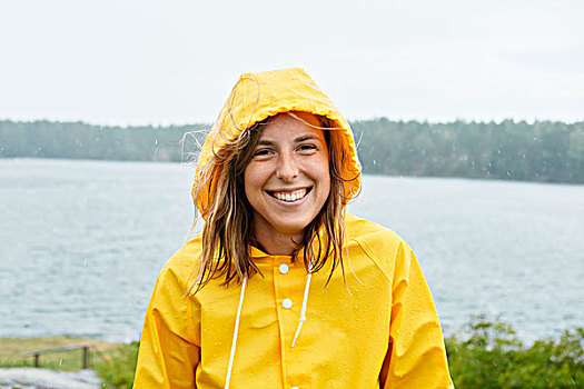 微笑,女人,黄色,雨衣