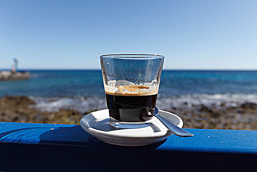 玻璃杯,黑咖啡,咖啡,单独,浓咖啡,兰索罗特岛,加纳利群岛,西班牙,欧洲