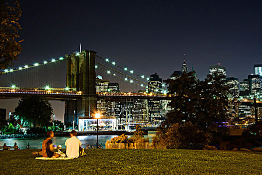 人,公园,市区,曼哈顿,天际线,布鲁克林大桥,光亮,夜晚,纽约,美国