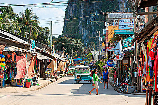 爱妮岛,巴拉望岛,菲律宾,主要街道,一个,岛屿,三轮车,本地居民,前景