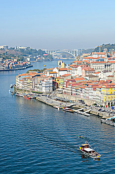 游船,杜罗河,欧洲,河,靠近,港口,正面,桥,远景,波尔图,葡萄牙
