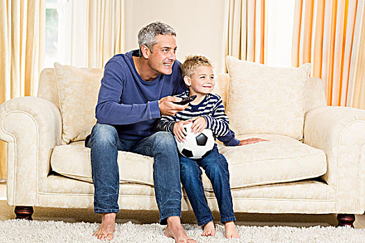 父子,看,足球赛,电视,坐,沙发