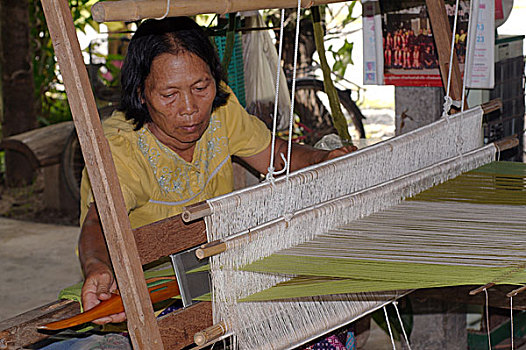 老人,坝,女人,工作,老,木质,织布机,省,泰国,亚洲