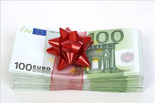 100欧元,货币,红色,蝴蝶结,象征,钱,礼物