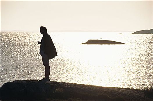 一个,男人,站立,石头,日落,群岛,斯德哥尔摩,瑞典