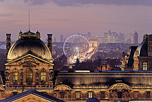 法国,法兰西岛,巴黎,卢浮宫,拱形,新凯旋门,拉德芳斯,夜晚,历史,轴