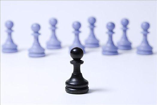 下棋,一个,黑色,棋子,站立,正面,蓝色,象征,交际,排斥,对抗