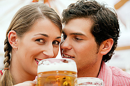 情侣,传统,德国人,服饰,啤酒帐篷,喝,场景
