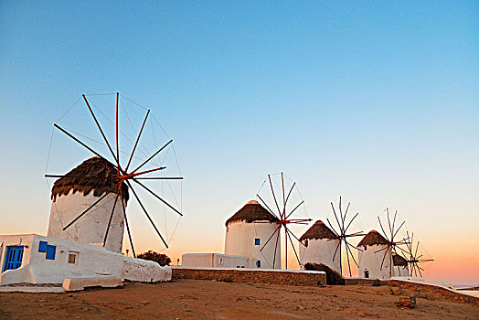 风车,日落,著名地标,米克诺斯岛,希腊