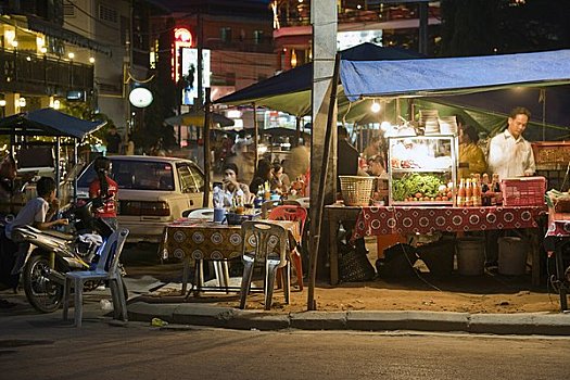 街道,餐馆,夜晚,收获,柬埔寨