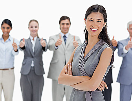 微笑,女人,企业团队,后面,竖大拇指