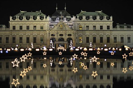 水塘,星,宫殿,反射,夜景,圣诞市场,观景楼,维也纳,奥地利