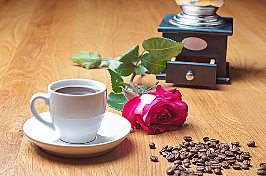 旧式,咖啡研磨机,杯子,玫瑰