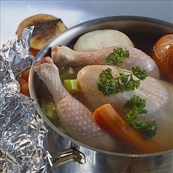 鸡汤,煮沸,禽肉,炖锅
