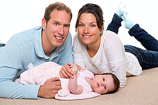 婴儿,母亲,父亲,幸福之家,躺着,地毯