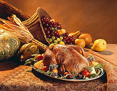 感恩节,火鸡,大浅盘,水果,丰饶