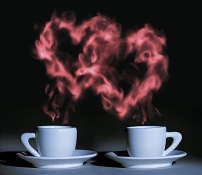 两个,杯子,蒸汽,芳香,热,咖啡,红色,心形