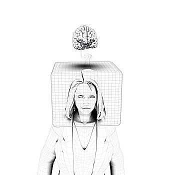 思考,户外,盒子,数码,图像,女人,头部,大脑,白色,背景