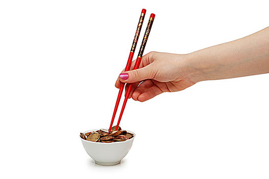 红色,筷子,吃饭,金色,硬币