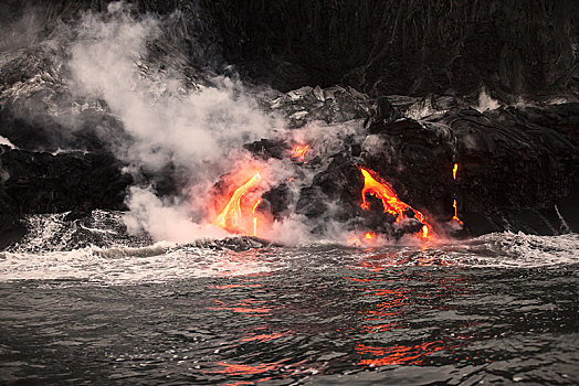 发光,热,火山岩,流动,太平洋,海洋,夏威夷火山国家公园,夏威夷大岛