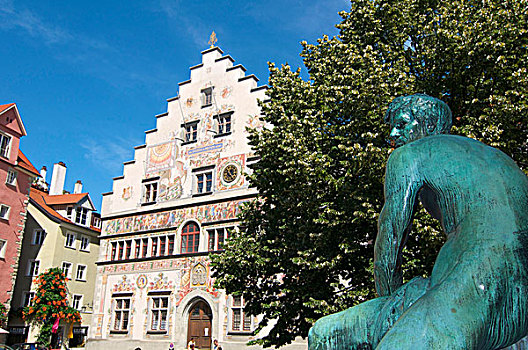 老,城镇,雕塑,喷泉,林道,巴伐利亚,德国,欧洲