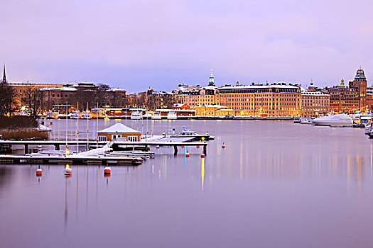 斯德哥尔摩,天际线,湖,黄昏